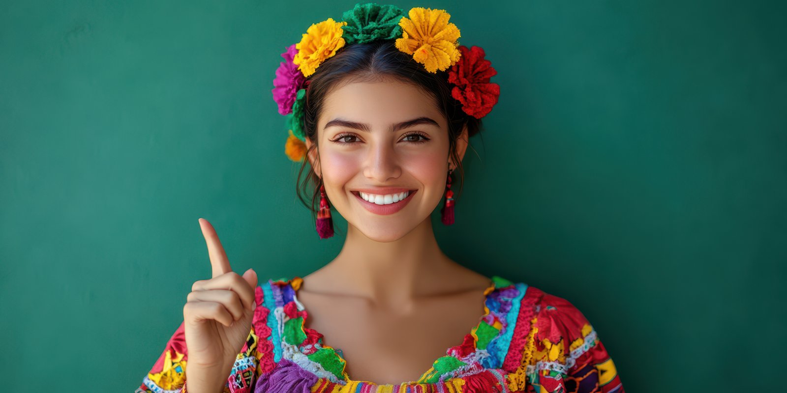 Vibrant young woman celebrates culture with colorful outfit and floral headdress against a bright green background